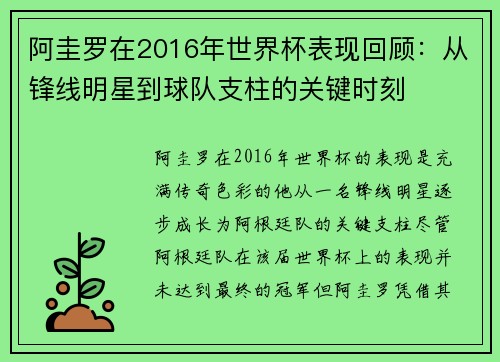 阿圭罗在2016年世界杯表现回顾:从锋线明星到球队支柱的关键时刻 阿圭罗在2016年世界杯表现回顾:从锋线明星到球队支柱的关键时刻